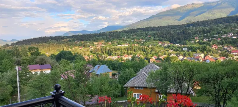 Borșa în vale și Munții Rodnei, din balconul pensiunii